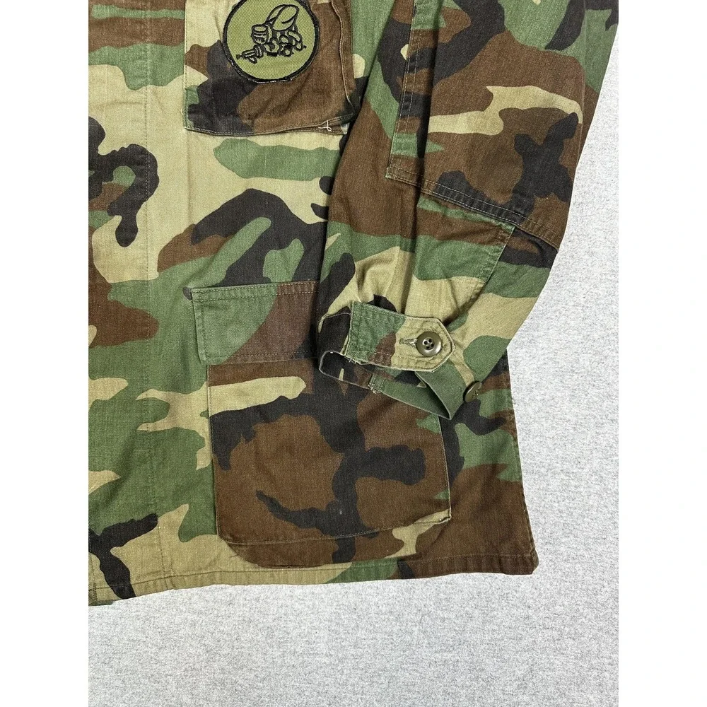 US‎ Navy Jacket Large Long Woodland Camo Field Coat Seabees Patches Military